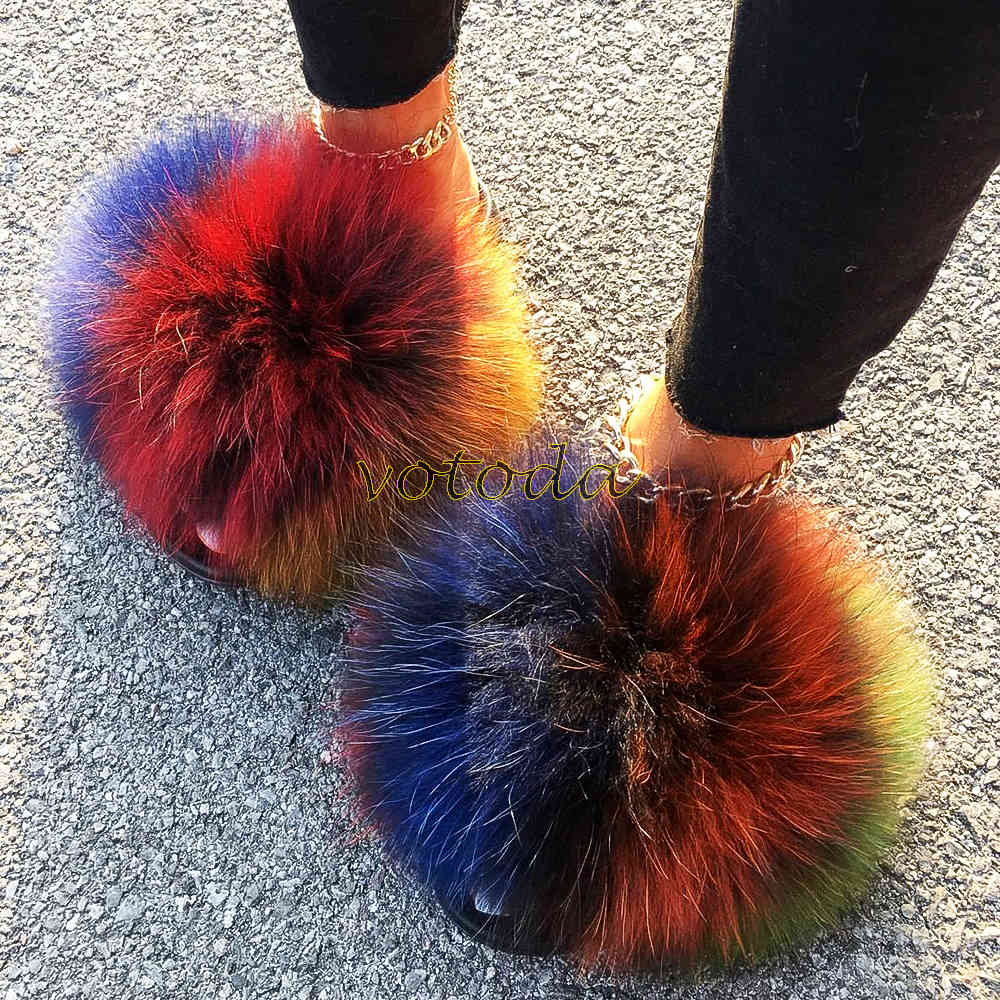

Summer Fur Slippers Fluffy Fur Slides Shoes Women Cute Real Fox Hair Sandals Furry Raccoon Fur Flip Flops Ladies Soft Flat Slide C0330, Mixed color