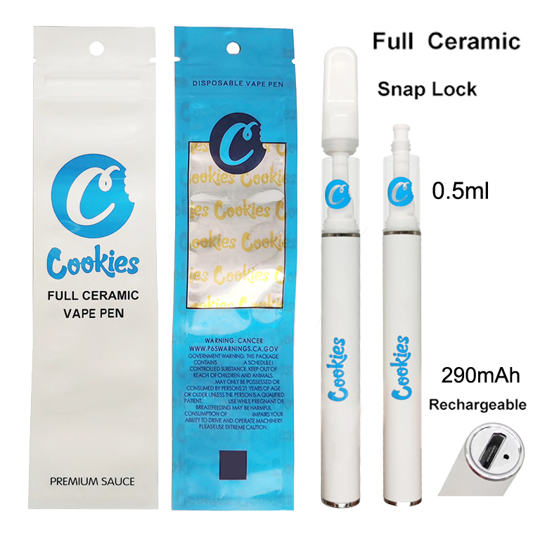 

Cookies Full Ceramic Rechargeable Disposable Vape Pens E-cigarettes .5ml Snap Lock Glass Tanks 290mAh Vapes Battery Thick Oil Cartridges Lea