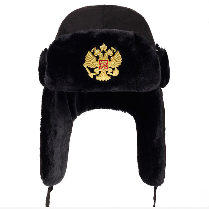 

2018 new Men Russian national emblem Lei Feng Winter Hat Aviator Outdoor Ear Flaps Bomber Cap Proof Trapper Russian Hats, Black