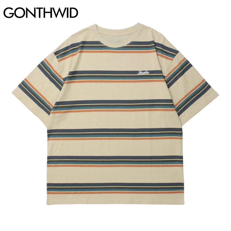 

Color Block Striped Short Sleeve Tees Streetwear Hip Hop Summer Men Casual Cotton Harajuku Fashion Loose T-Shirts Tops 210602, White