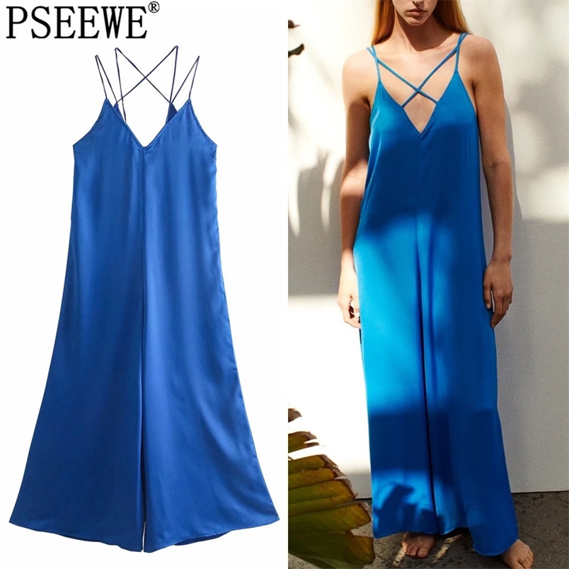 

Female Jumpsuit Blue Oversize Satin Long Elegant Woman s Strapless Loose Casual Summer Women 210519