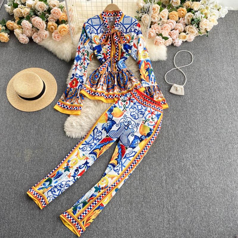 

Fashion Elegant Vintage Print Pant Suit Ruffle Blouse Shirt Top And Long Set Women Sets, Blue