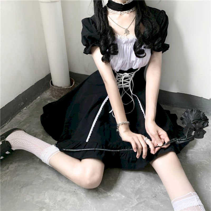 

Dark black puff sleeve waist dress women Japan soft girl cute Lolita skirt gothic dark Kawaii white tie 210526