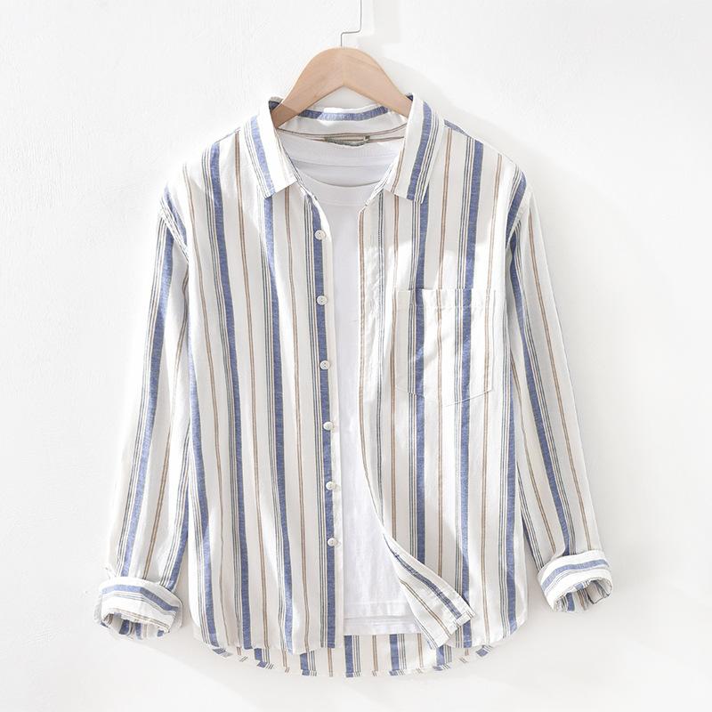 

Men's Casual Shirts Cotton Linen Long Sleeve Striped Business Dress Shirt Men Fashion Male Camisa Streetwears TS-738, Blue