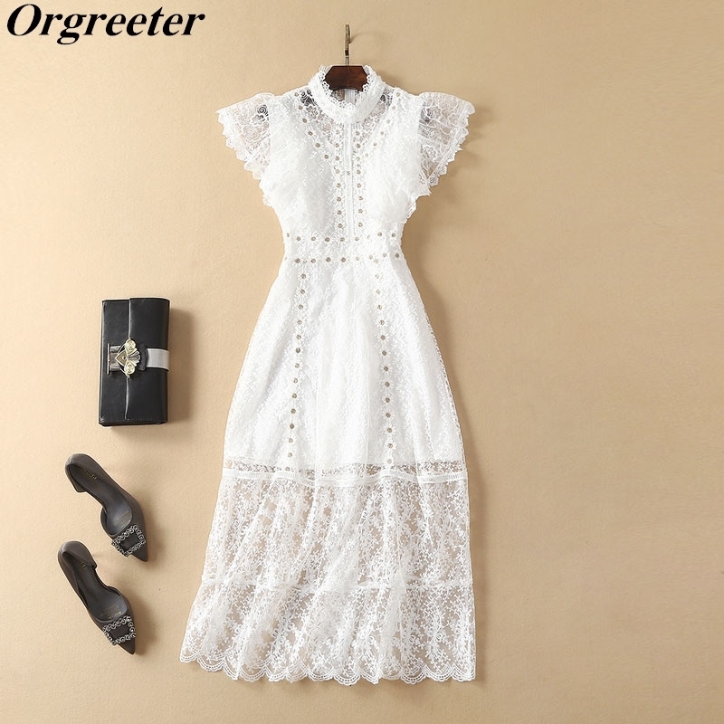 

Romantic Vintage Victorian Temperament White Lace Dresses Butterfly Beaded Floral Embroidery Mid Hollow Out 210525