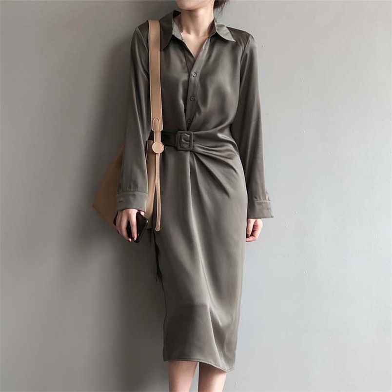 

Spring Women Elegant Satin Fashion Single Breasted Shirt Dress Femme Turn Down Collar Lady Casual Midi Dresses Vestidos 210519, Photo color