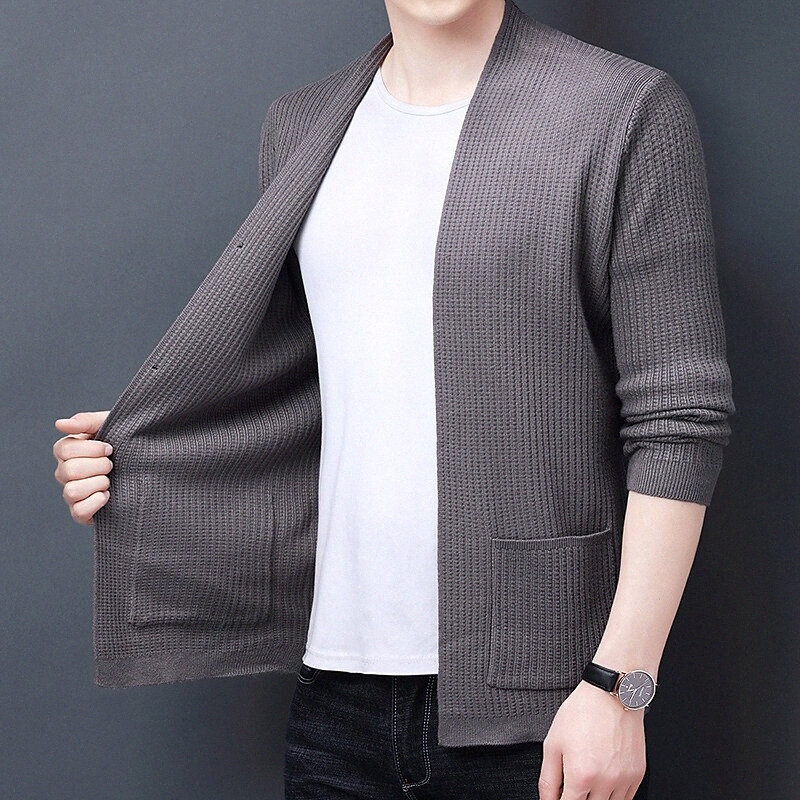 Men's Cardigan Pocket Knitted Polka Dot Solid Color Stylish Vintage Style Long Sleeve Sweater Cardigans U Neck Strap Fall Winter Gray Green Bla