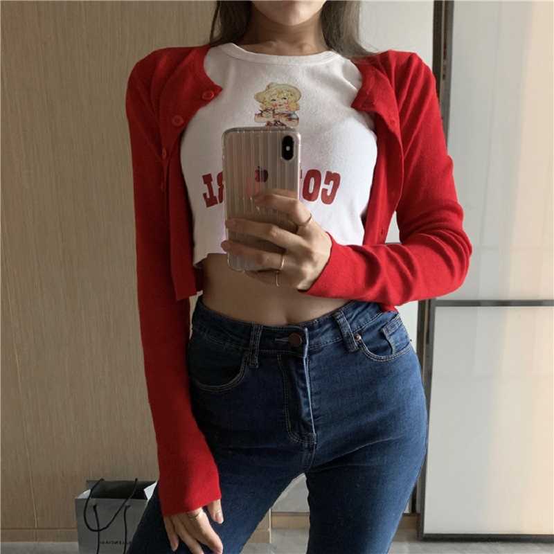 

Summer Cardigan Casual Fashion Female Korea Loose Ulzzang chic Harajuku ins Slim Long Sleeve Knit Sweet Short Button Sweater 210608