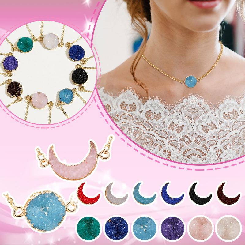 

Pendant Necklaces Wish Card Jewelry Gift Round Necklace Natural Stone Quartz Druzy Link Chain For Women Collars, Silver