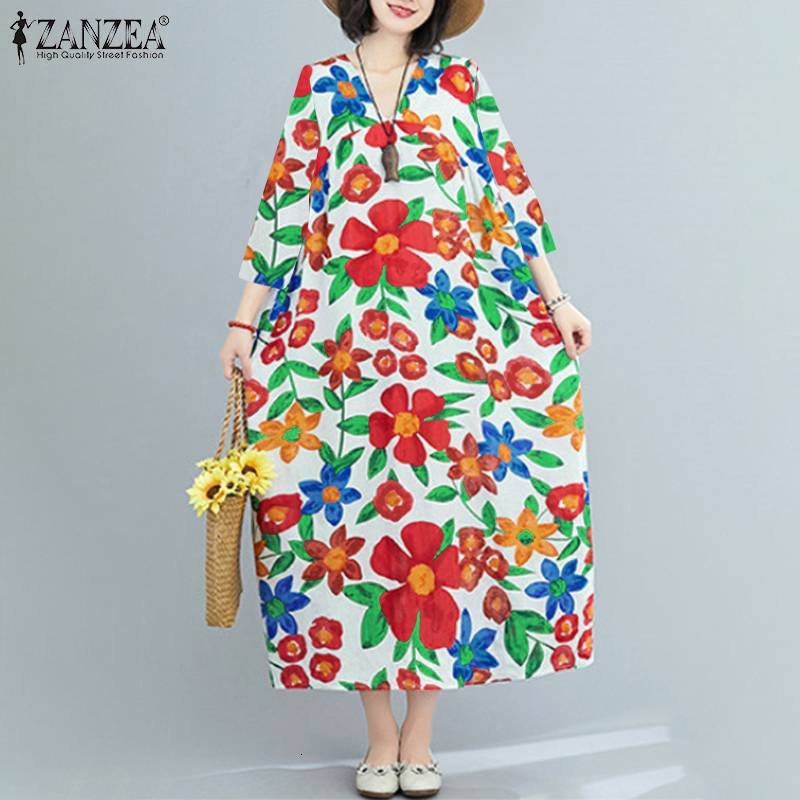 

Casual Dresses Baggy Long Sundress 2021 Spring Floral Print Dress Women ZANZEA Mid-calf Vestidos Ladies V-neck Loose Robe 5XL H66S, White