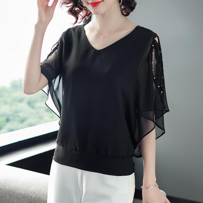 

Chiffon T-shirt Women Tops Short Sleeve V-neck Shirts Elegant Lady Casual Plus Size Pure Color Summer 2021 Women's, Black