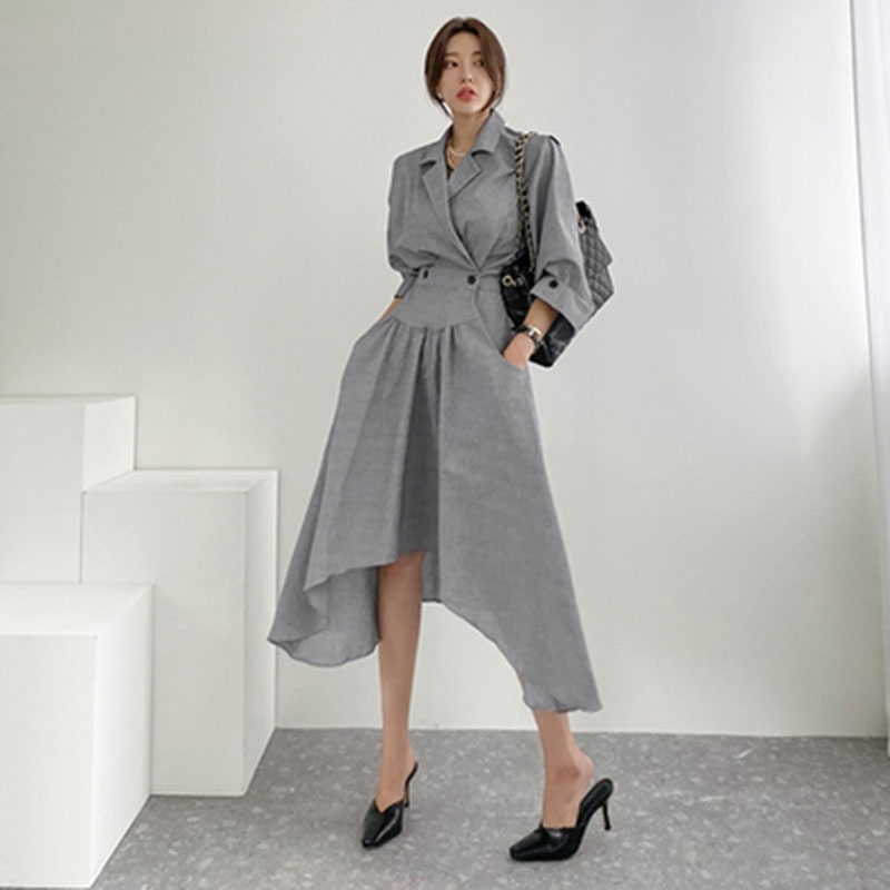 

Spring Elegant Women Dress Temperament Suit Collar High Waist Waistband Irregular Hem Casual Mid-Calf 210615, Grey