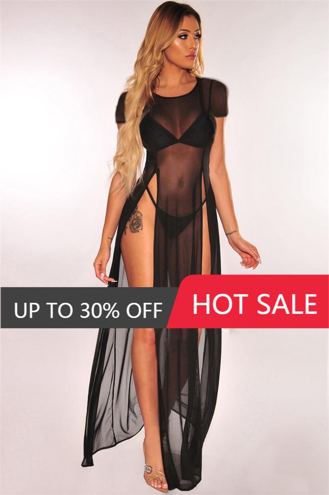 

Sexy Beach Maxi Dress Bikini Cover-ups Women Swimwear Fashion Solid Color Short Sleeve High Slit Transparent Mesh Cover Up Women's, Orange