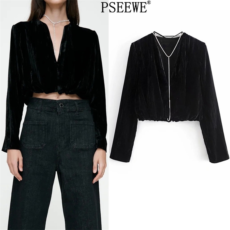 

Black Velvet Crop Top Women Blouse Fashion Diamanté Appliqué Tie V Neck Long Sleeve Female Sexy Streetwear 210519