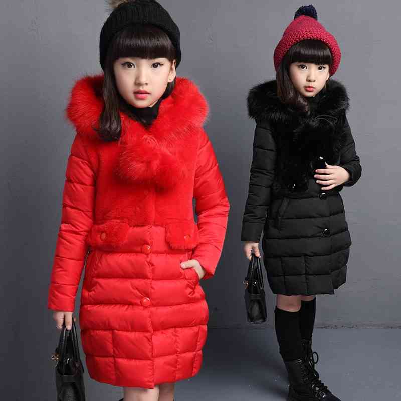 

Winter Girls Jackets Fashion Fur Collar Kid's Outerwear Coat Clothes Long Design Toddler Children Down Parkas 210508, Blue;gray