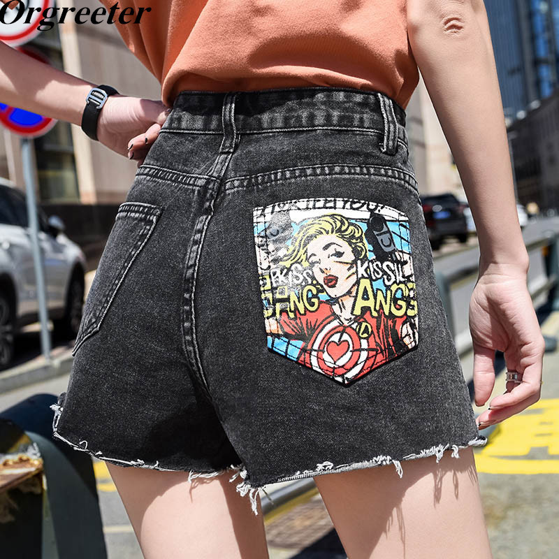 

High waist Denim Shorts Women Summer Personality Portrait Printted Pocket Hole Tassel Asymmetric Jeans Pants 210525, Picture color 5