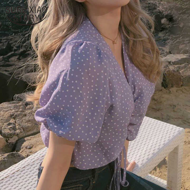 

Summer Fashion Women's Blouse Vintage Polka Dot Deep V-neck Sweet Girl Drawstring High Waist Super Short Tops Female 9699 210527, Purple