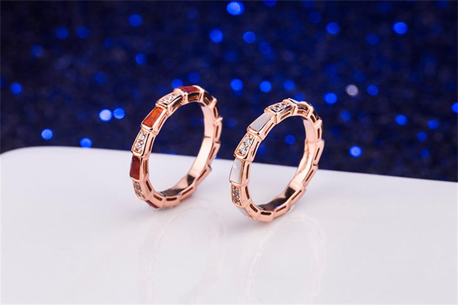 

S925 pure silver stone snake ring natural white Fritillaria red agate inlaid with diamond