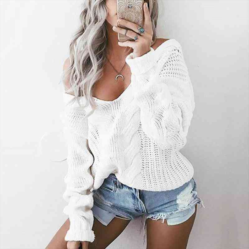 

s-5xl plus size deep v-neck twist knitted sweaters women off shoulder solid pullovers autumn winter warm top, White;black
