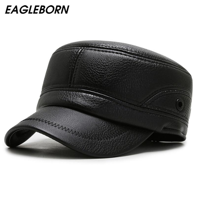 

Winter Hat Men Military Cap Dad Faux Leather Caps Thicken PU Gorras Cadet Hats For Fashion Gift Wide Brim, Blue;gray