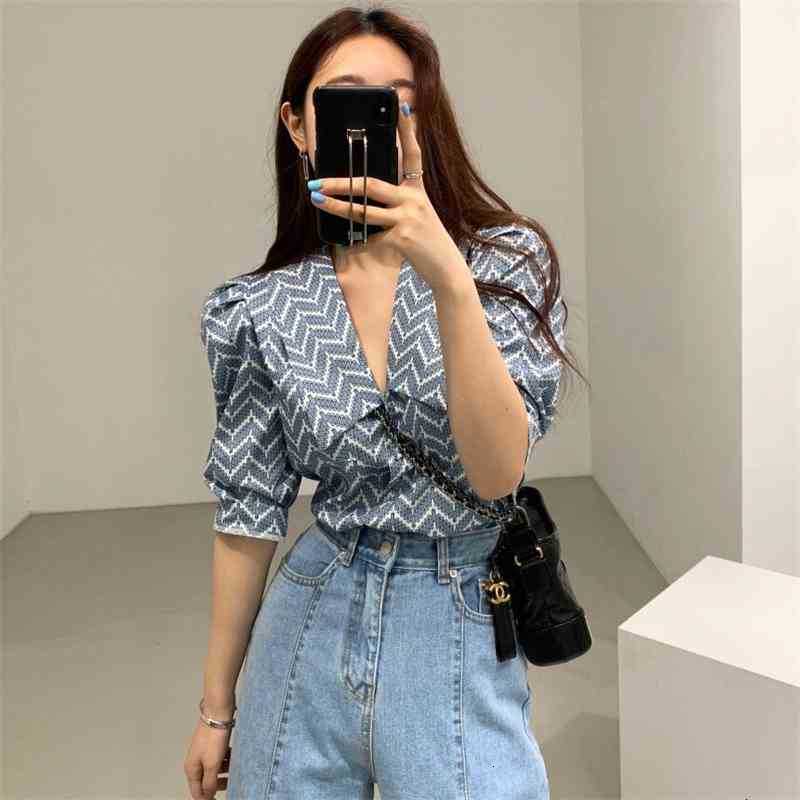 

women's two piece pants vintage striped korean blouse women puff sleeve loose summer ladies shirt fashion clothing u00v, White