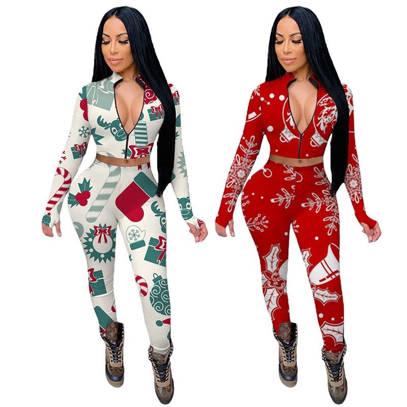 

Women' Two Piece Pants Women Christmas Printed Set Winter Long Sleeve Zipper Top And Skinny Leggings Sexy Fitness Matching Outfit, Red