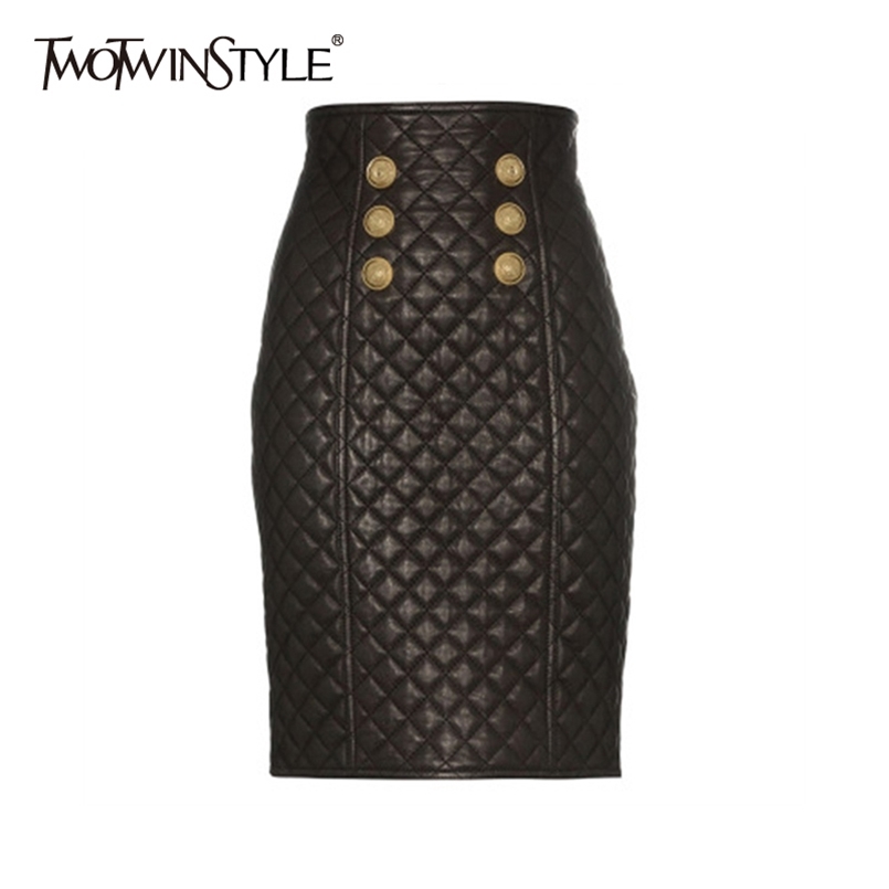 

Gold Button Pu Leather Skirt For Women High Waist A Line Office Ladies Style Skirts Female Spring Fashion 210521, Black