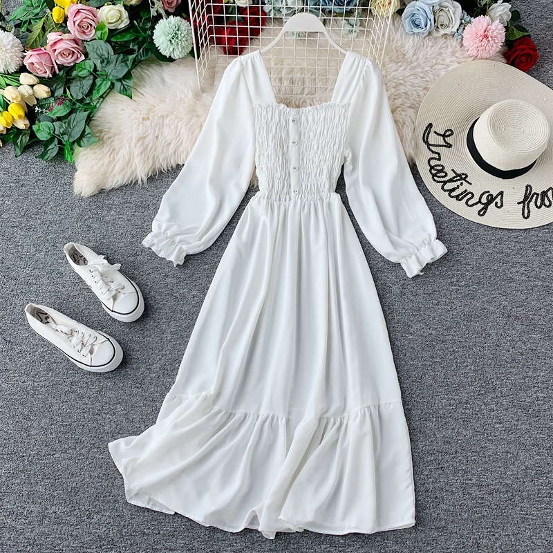 

Fashion Casual Spring Summer Women's Dress Solid Square Collar Long Sleeve High Waist Sexy Ladies 210520, Black