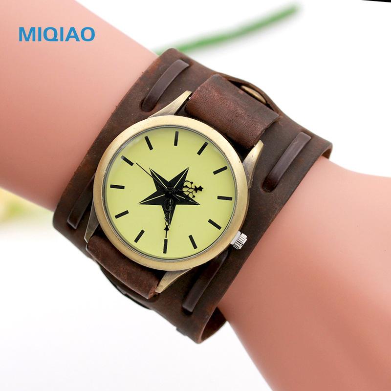 

Trendy Creative Broad Belt Braided Antique Leather Watch Men Pentagram Military Punk Boho Watches W236 Wristwatches, Brown