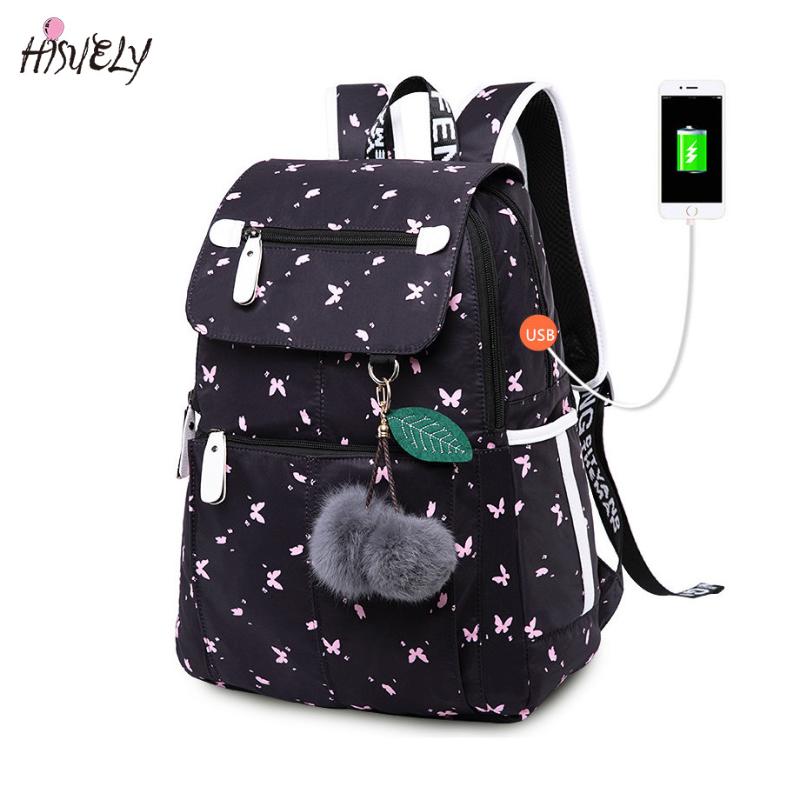 

Female Fashion School Backpack Usb Bags For Girls Black Plusch Ball Girl Schoolbag Butterfly Decoration