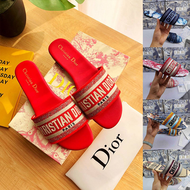 

Women Sandals Slippers Christian Dior Embroidery Designers Slides Sandal Flip Flops Striped Beach Leather Rubber Flower Slipper Loafers With Box 35-41, 38