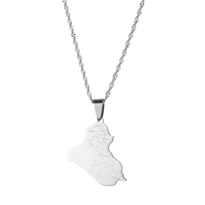 

Chains Stainless Steel Country Iraq Map Pendant Necklaces Women Men Unisex Jewelry Gifts, Silver
