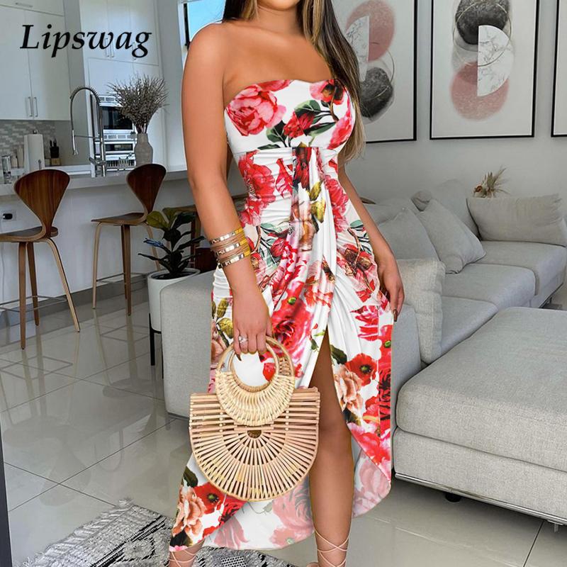 

elegant off shoulder irregular split long dress fashion women floral print casual summer dress strapless party beach dresshigh quality, Black;gray