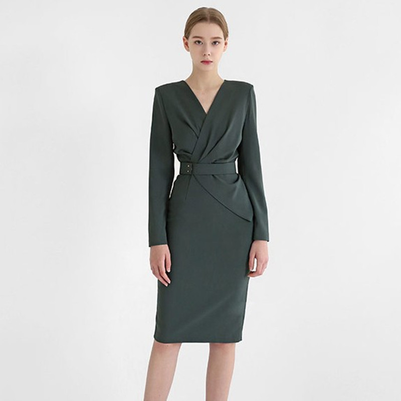 

ZAWFL HIGH QUALITY Spring Full Sleeve Navy Sashes Bodycon Knee-Length Vestidos Pencil Sexy Party Dress 210525, Picture color