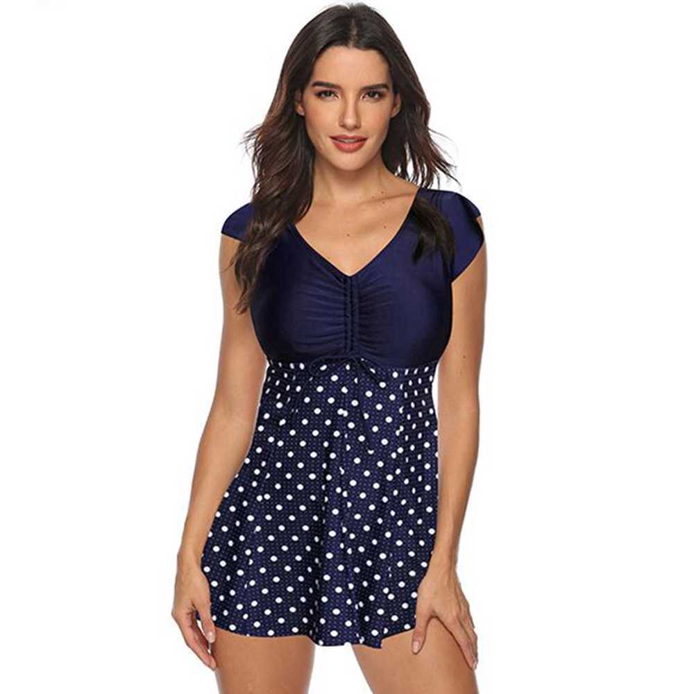 

Women Vintage Print Plus Size Dots Tummy Control Swimsuit Dres BathingSuit Swimwear Skirt Big Size 3XL 210604, Blue