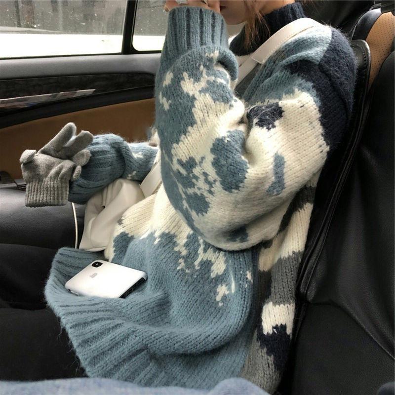 

Women's Sweaters Thickened Autumn Winter Sweater Jacquard Loose Pullover Contrast Color Lazy Fall Clothes For Women, White;black