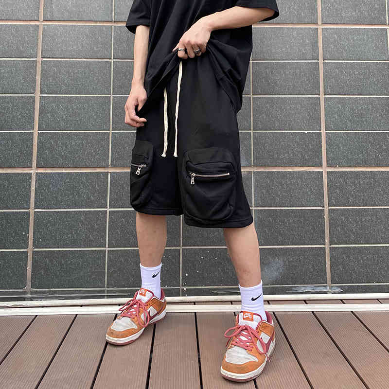 

High Street Zipper Pockets Joggers Terry Shorts Mens Drawstring Oversize Straight Casual Summer Short Loose Five Point Pants, Black