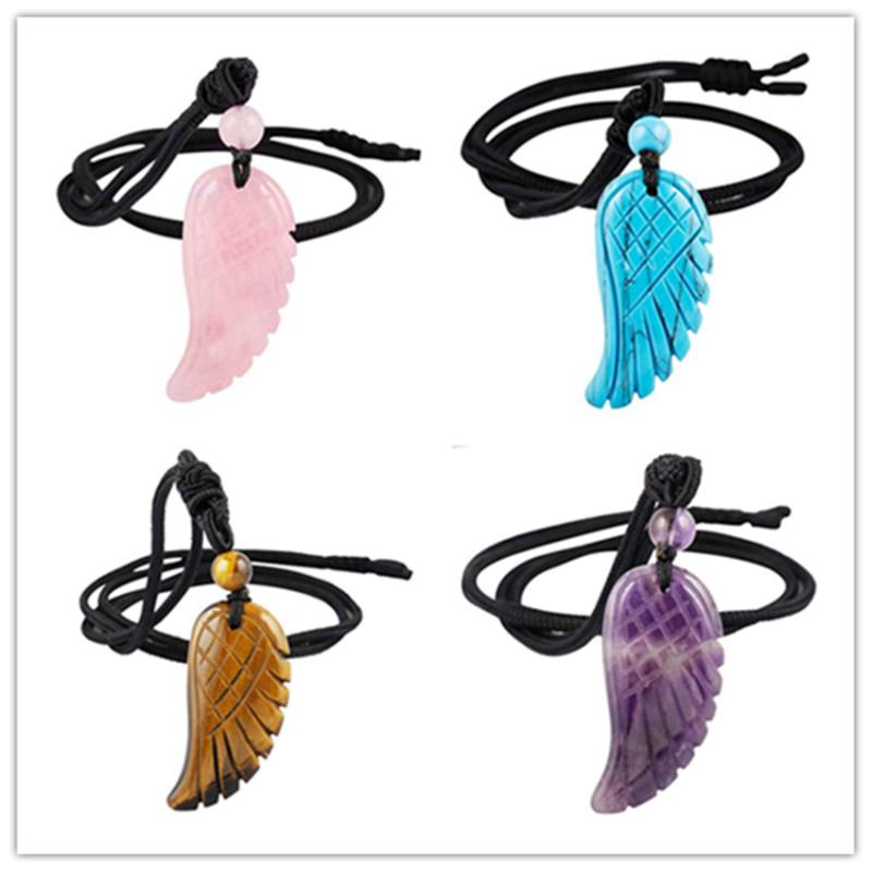 

Pendant Necklaces FYJS Unique Handmade Weave Rope Chain Amethysts Stone Angel Wing With Beads Necklace Black Agates Jewelry