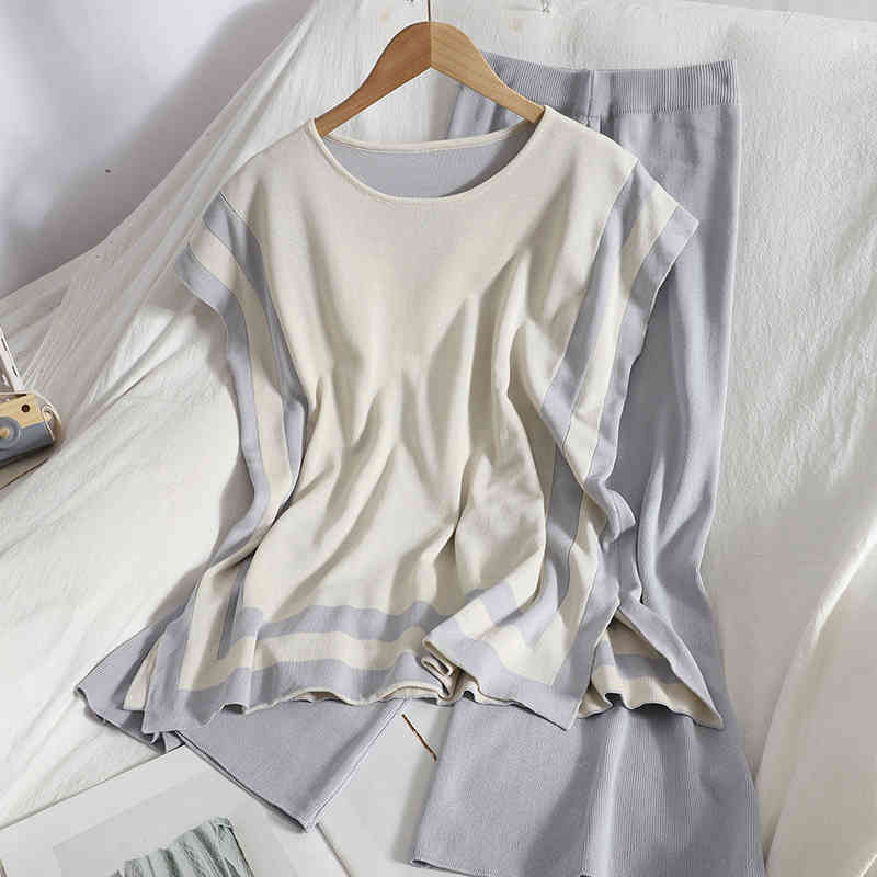 

Summer Fashion Casual Striped Split Sleeveless Vest Top + Slim Wide Leg Capris Knitted Two-piece Set Women SK017 210525, Black