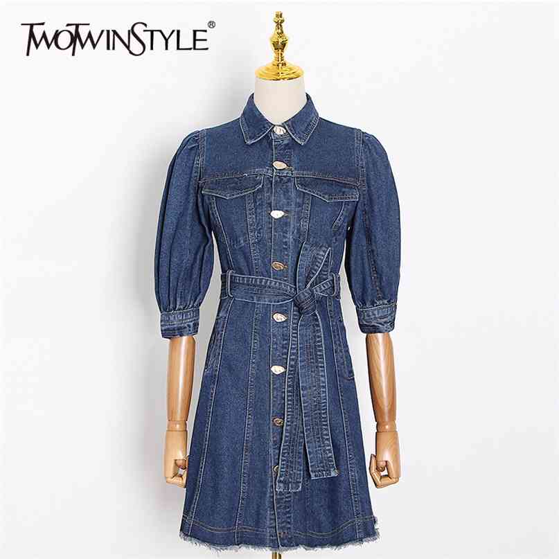 

Denim Dresses Female Lapel Collar Puff Sleeve Lace Up High Waist Mini Tassel Dress Women Summer Fashion 210520, Blue