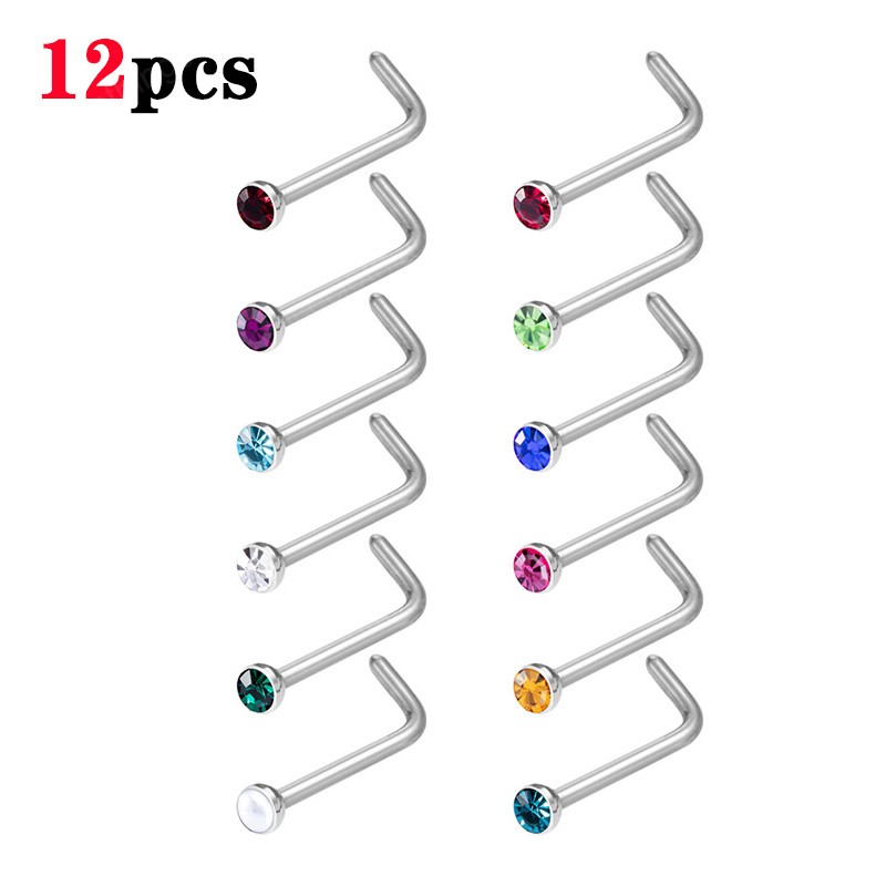 

Crystal Nose Stud Nariz Piercing set L Shape Nose Ring Stainless Steel 2mm Gem Nostril Screw for Women Men Body Jewelry