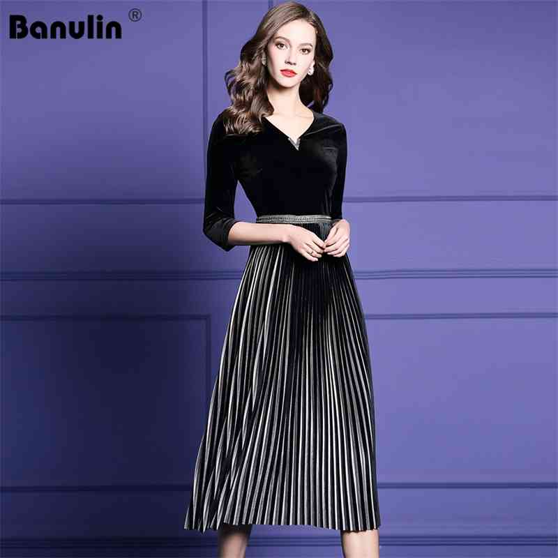 

Banulin Women Elegant Beading Velvet Dress Festa Female Event Party Robe High Quality Designer Pleated Vestidos Plus Size M-4XL 210603, Black