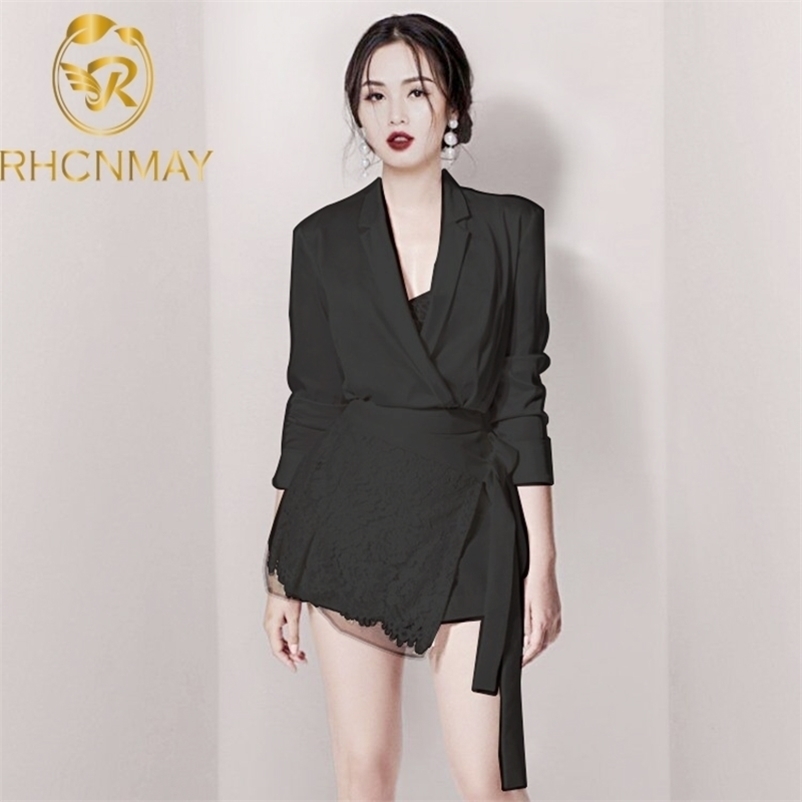 

Spring Women 2 Piece Set Runway White Sexy Silk Turn Down Collar Shirt Suits + Tie Bow Lace Mini Party Skirt Suit 210520, Black