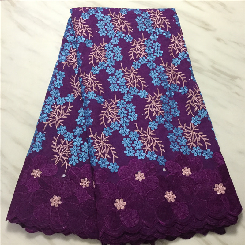 

5Yards/Lot Wonderful Purple African Cotton Fabric Flower Embroidery Swiss Voile Dry Lace For Dressing PL11452