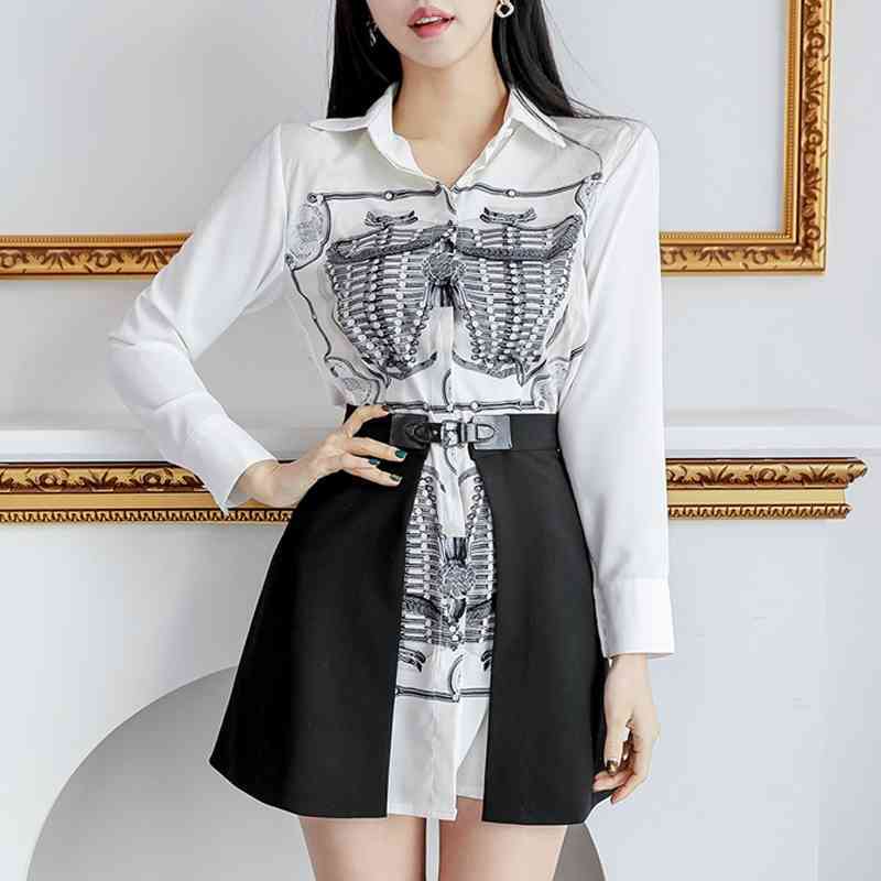 

Vintage Print Long Shirt Dress 2 Piece set Female Summer Lapel Sleeve White and Girdle Slim Mini Skirt Outfits 210525, Picture color
