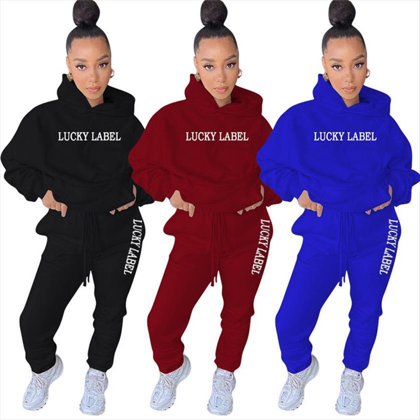 

plus size s 4xl lucky womenpant label two piece set sweatsuit winter clothes outfit hooded sweatpants joggers wholesale dropshipping, White