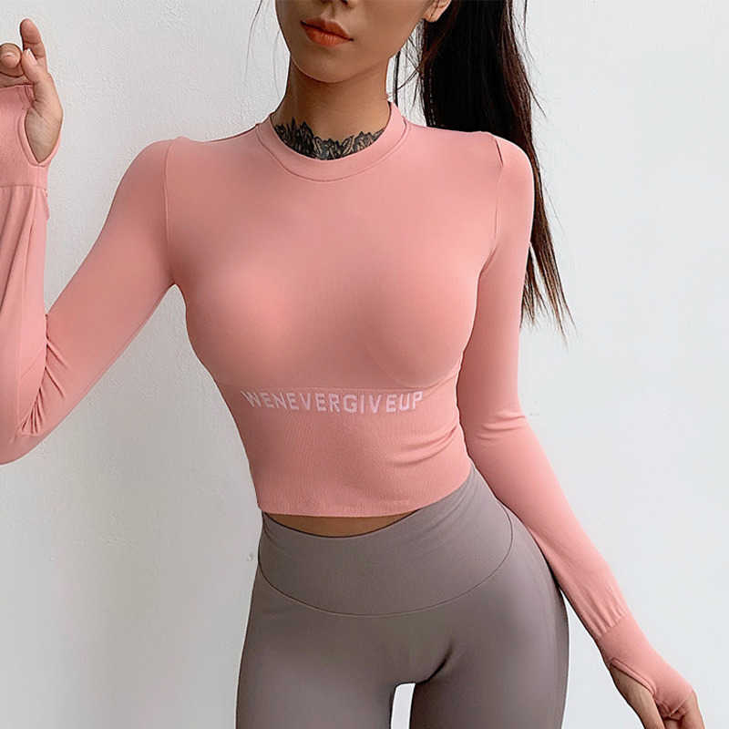 

WOMENGAGA Girls Short Sports Top Women's Sexy Close Fitting Running Training Fitness Long Sleeve T Shirt Pink Tees Korean J8NP 210603, Elegant pink