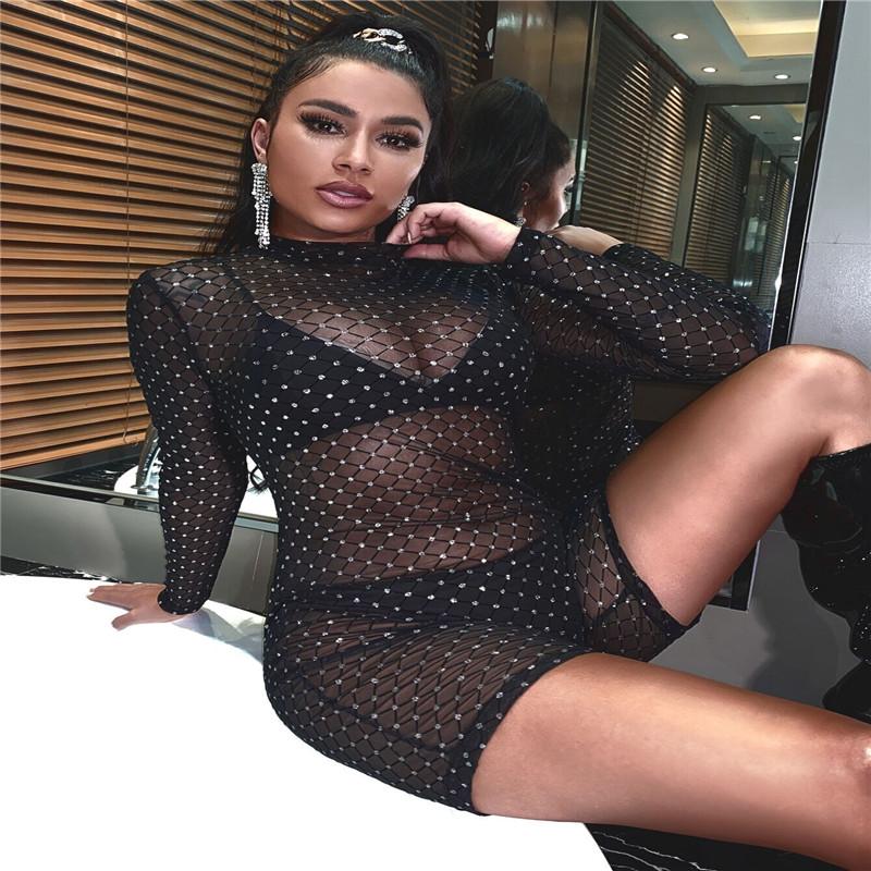 

Women's Jumpsuits & Rompers Sexy Mesh Patchwork For Summer Diamond Long Sleeve Skinny Playsuit Basic Female Overalls Short Jumps, Black;white