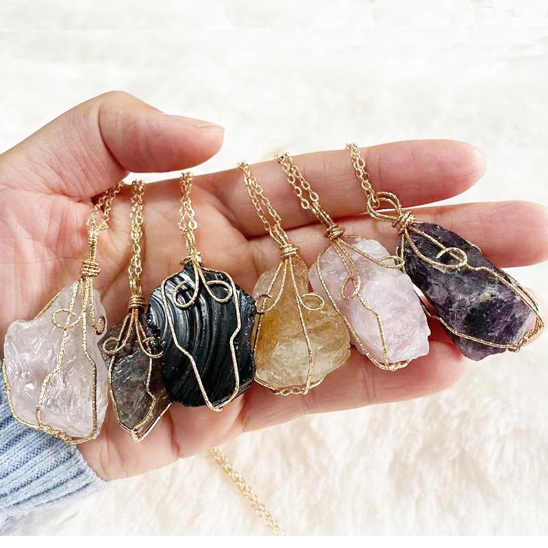 

Pendant Necklaces Natural Raw Stone Necklace Gold Color Copper Wire Wrapped Cristal Punk Irregular Twist Crystal Rose Quartz Gift