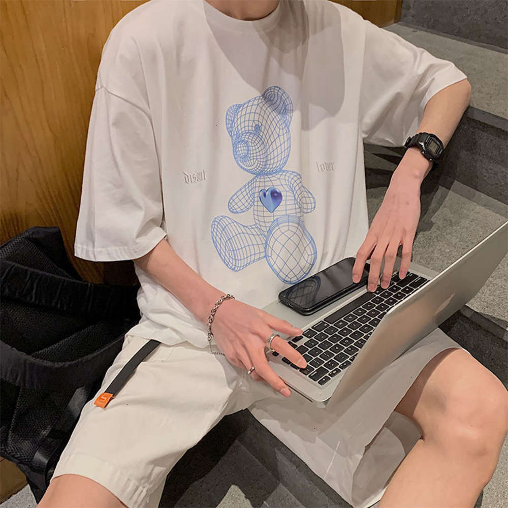 

Neploha Men's Bear Print Short Sleeve T-shirt Korean Streetwear Tops 2021 Fashion Casual Oversize t Shirts Hip Hop, White;black